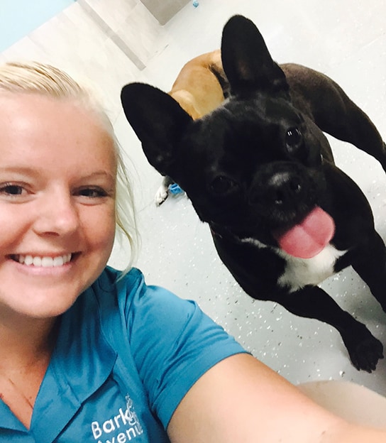 Ankeny West Des Moines staff member posing with a small black dog